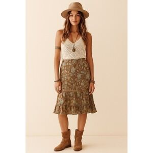 H&M Midi Skirt Brown Floral Ruffle Mermaid Blue Cream Boho Y2K Womens Size 8